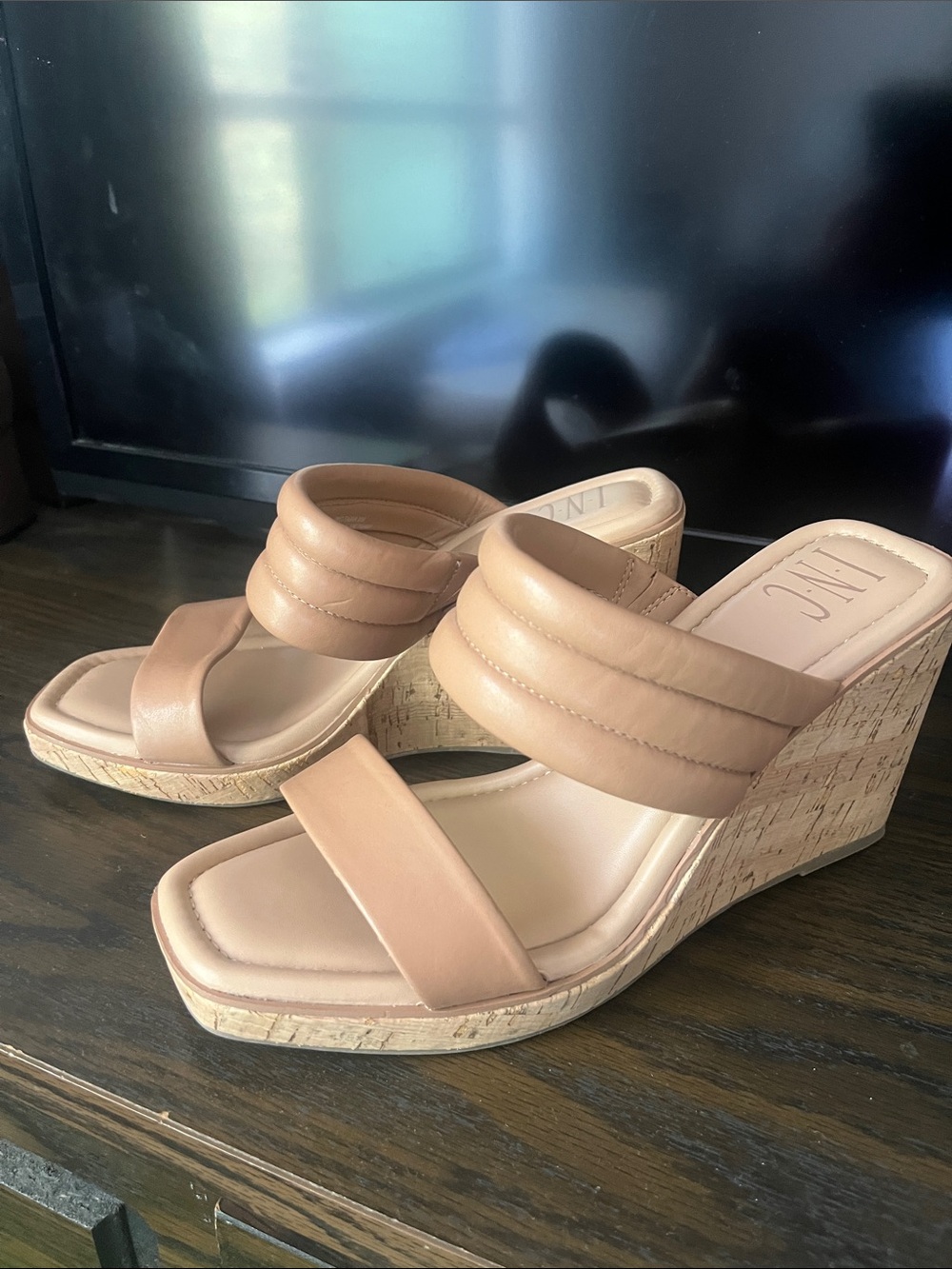 INC International Concepts Tan Padded Strap Cork Wedge Sandals